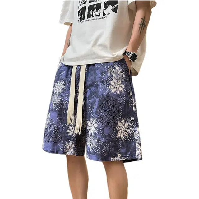 颂希尔 慵懒碎花美式百搭宽松五分牛仔短裤 男女同款