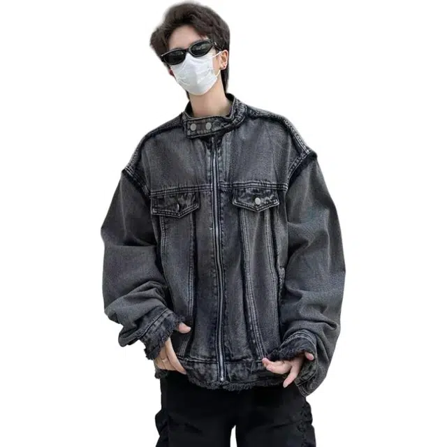 袋鼠 美式复古设计款通勤基础款牛仔外套潮牌水洗做旧宽松垫肩夹克 男女同款