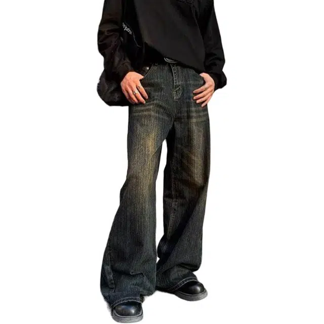 一碗士多 美式复古高街小众百搭做旧水洗猫须宽松垂感阔腿直筒拖地舒适痞帅微喇通勤户外日常牛仔裤 男女同款