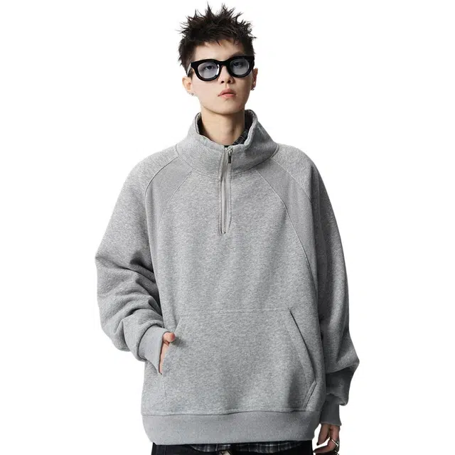 佐菲利 美式半拉链立领复古潮牌设计感情侣上衣高街宽松无帽长袖卫衣 男女同款