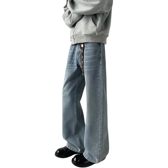 袋鼠 高个子加长版型长裤美式复古显瘦百搭基础款通勤阔腿裤高街弯刀修身微喇裤牛仔裤 男女同款