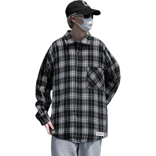 金贝勒 日系复古风格子外搭基础款简约慵懒感无性别主义风潮流休闲百搭翻领彩格纹长袖衬衫 男女同款