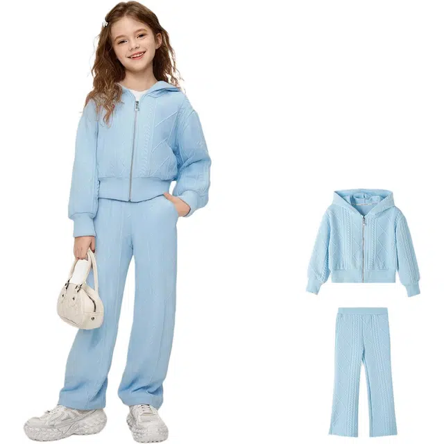 媛媛公主休闲运动套装 春秋季时髦长袖长裤直筒开叉百搭时尚柔软舒适显瘦 两件套 儿童款