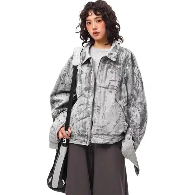 极限涡轮 美式复古街头潮流手绘涂鸦设计做旧破洞流苏立领短阔重工夹克 男女同款