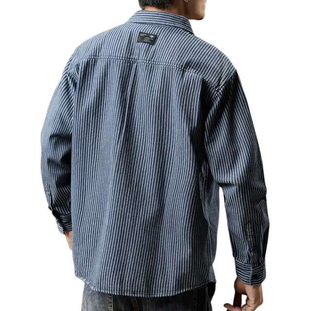贵色 休闲百搭牛仔翻领帅气大码美式复古条纹潮流百搭叠穿蓝色长袖衬衫 男女同款