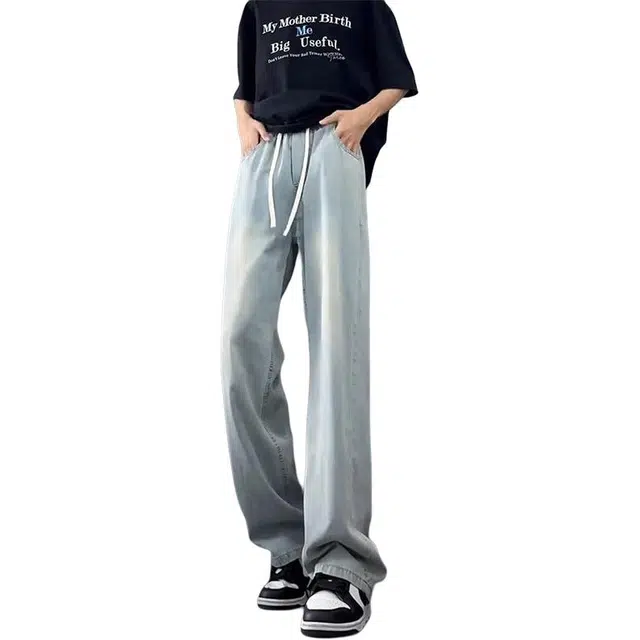 单爵 美式冰丝夏季薄款直筒垂感裤子抽绳牛仔裤 男女同款