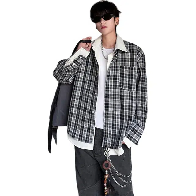 佐菲利 假两件美式格子设计感宽松百搭休闲情侣衬衣外套衬衫 男女同款