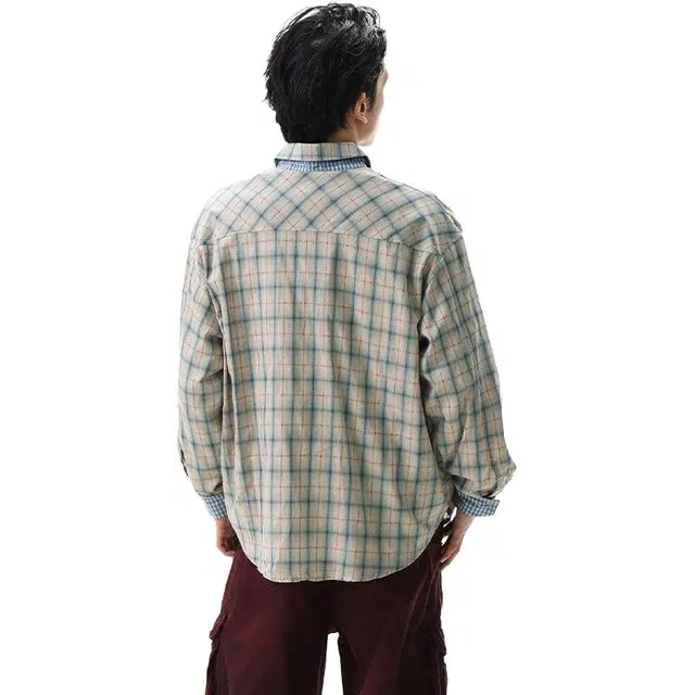 一碗士多 复古高街小众百搭格子设计感美式宽松舒适简约高级感通勤户外日常内搭外穿翻领落肩袖衬衫 男女同款