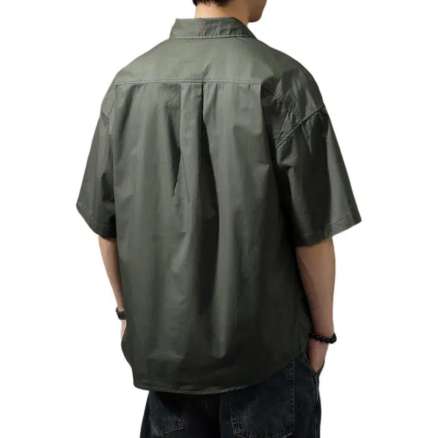 贵色 舒适慵懒薄款翻领百搭休闲衬衣美式时尚复古纯棉大码痞帅凉感冰丝工装短袖衬衫 男款