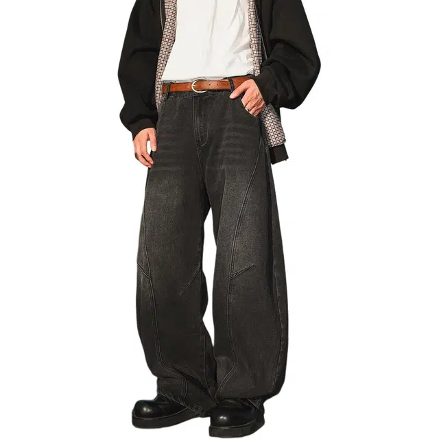 星际者 基础款二次元手绘复古通用弯刀分割直筒阔腿宽松做旧牛仔裤 男女同款