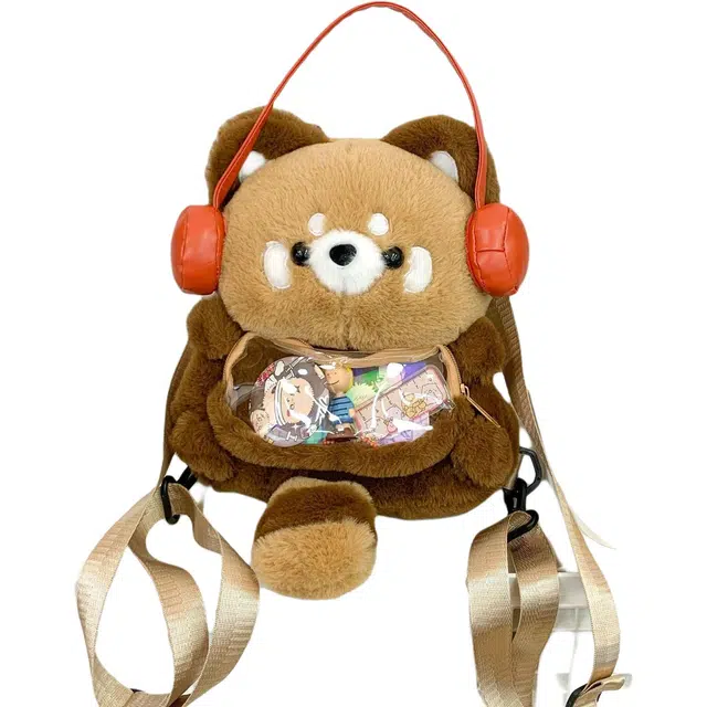 绿野客 小熊猫趴趴包 毛绒斜挎包 个性 女可爱软乎乎耳机背包 玩偶 尼龙  双肩包 黄色