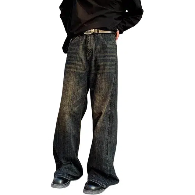 一碗士多 美式复古高街小众百搭做旧水洗猫须宽松垂感阔腿直筒拖地舒适痞帅微喇通勤户外日常牛仔裤 男女同款
