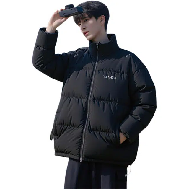 图兰朵 美式复古字母立领纯色时尚潮流百搭休闲面包服加厚舒适保暖防风防寒棉服 男女同款