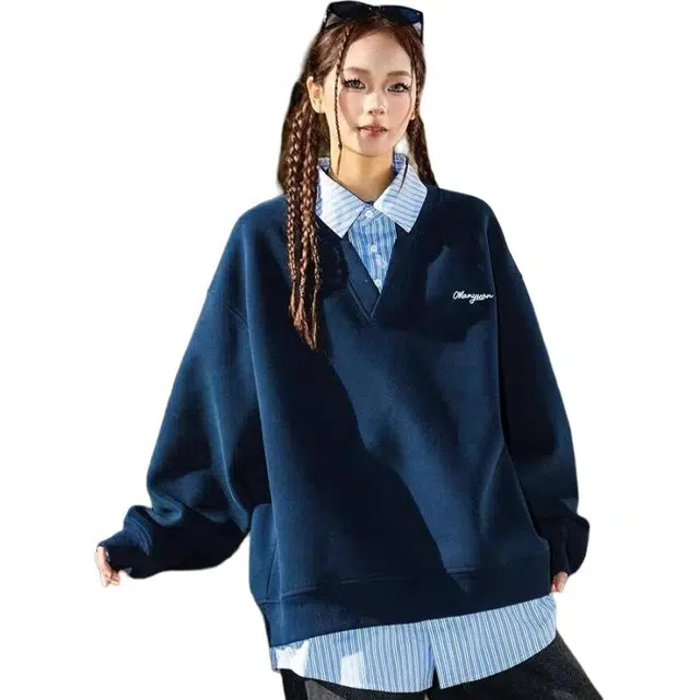 洋气先生 美式复古高街假两件条纹拼接设计宽松情侣外套通勤休闲皆可简约纯色基础款百搭潮牌透气舒适柔软慵懒氛围感卫衣 男女同款