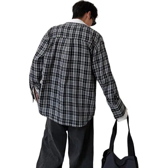 佐菲利 假两件美式格子设计感宽松百搭休闲情侣衬衣外套衬衫 男女同款