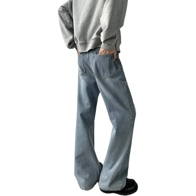 袋鼠 高个子加长版型长裤美式复古显瘦百搭基础款通勤阔腿裤高街弯刀修身微喇裤牛仔裤 男女同款