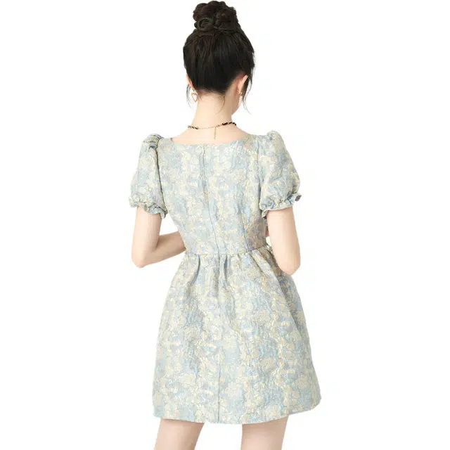 美丽衣橱 高腰套头碎花短袖连衣裙 女款 蓝色