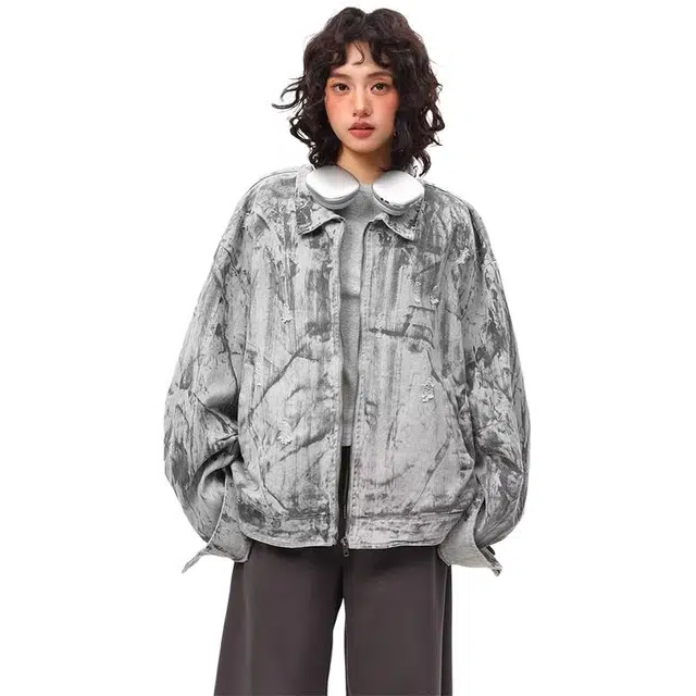 极限涡轮 美式复古街头潮流手绘涂鸦设计做旧破洞流苏立领短阔重工夹克 男女同款