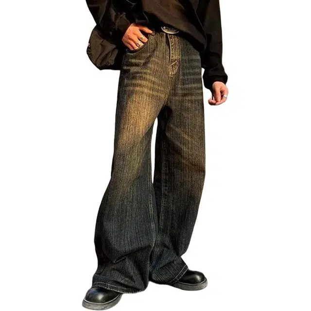 一碗士多 美式复古高街小众百搭做旧水洗猫须宽松垂感阔腿直筒拖地舒适痞帅微喇通勤户外日常牛仔裤 男女同款