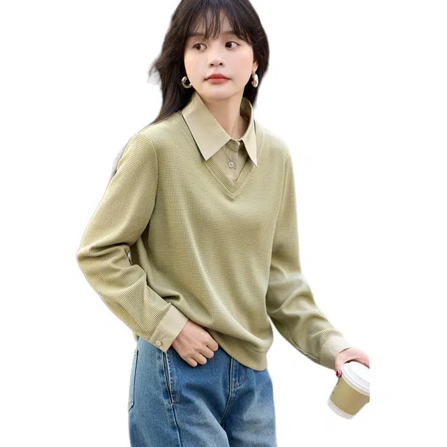 沫晗依美 假两件套头长袖卫衣 女款 绿色