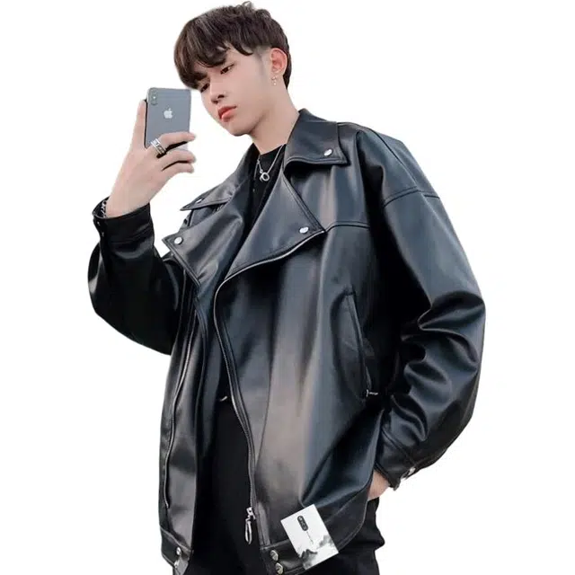【痞帅个性机车风斜拉链皮衣外套】布客行 基础简约工装防风防水做旧高街街头潮酷前卫新潮时髦摩登赛博朋克宽松休闲百搭夹克 男女同款