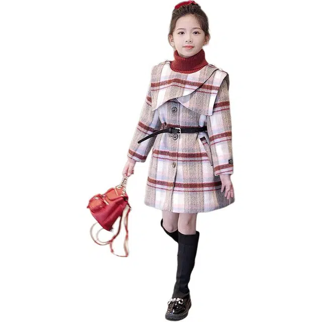 媛媛公主 秋冬格子拼接夹棉保暖加厚时尚舒适百搭长款呢大衣 儿童款