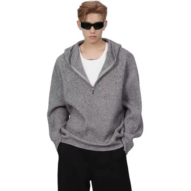 一碗士多 纯色条纹美式复古百搭小众极简痞帅高街拉链半开襟宽松舒适通勤户外日常连帽长袖针织衫 男女同款