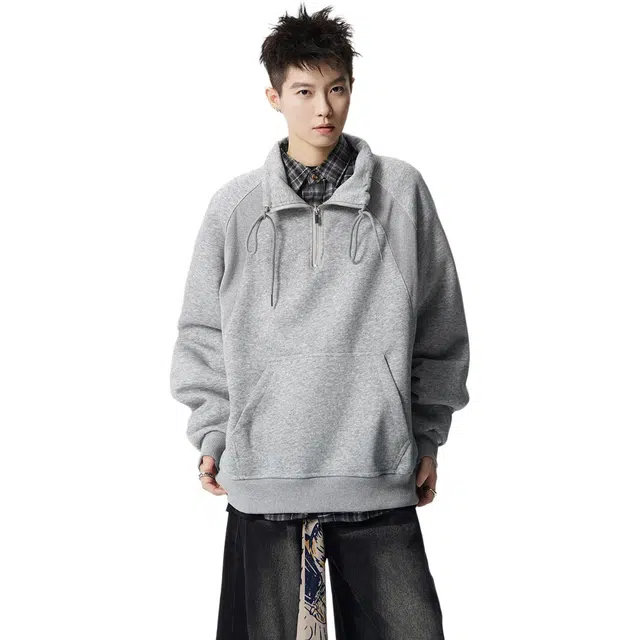 佐菲利 美式半拉链立领复古潮牌设计感情侣上衣高街宽松无帽长袖卫衣 男女同款