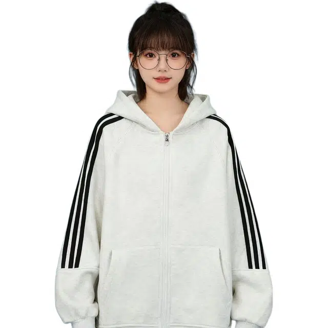 华夏儿女 美式现代学院风简约基础款撞色条纹插肩袖拉链开衫插袋连帽宽松休闲百搭卫衣 男女同款