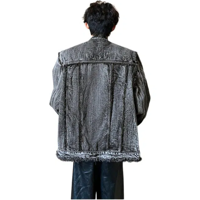 零氏 美式复古水洗高街做旧短款立领春秋垫肩夹克时尚毛边设计牛仔外套 男女同款