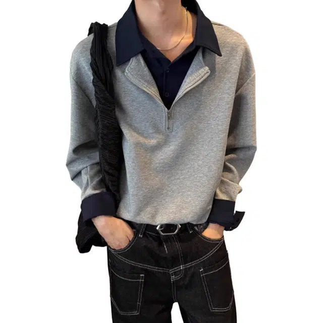 单爵 假两件衬衫领上衣男秋季美式复古翻领长袖卫衣 男女同款