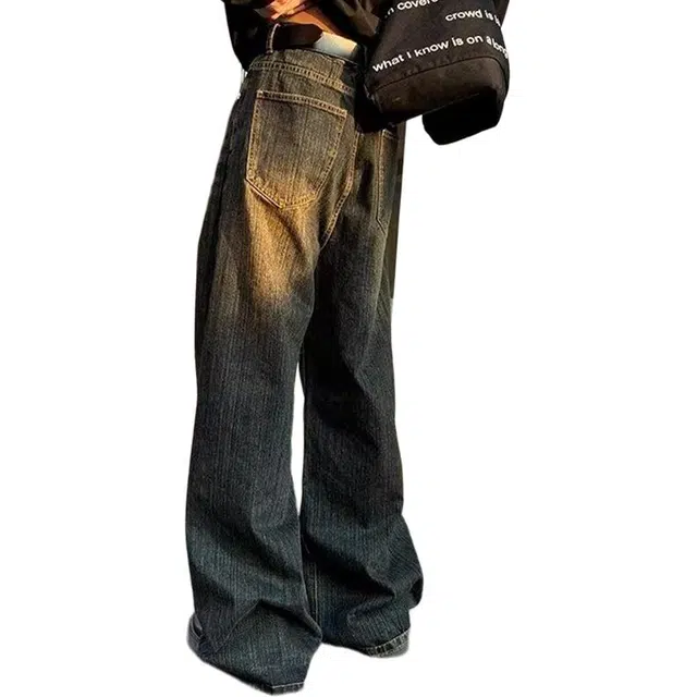 一碗士多 美式复古高街小众百搭做旧水洗猫须宽松垂感阔腿直筒拖地舒适痞帅微喇通勤户外日常牛仔裤 男女同款
