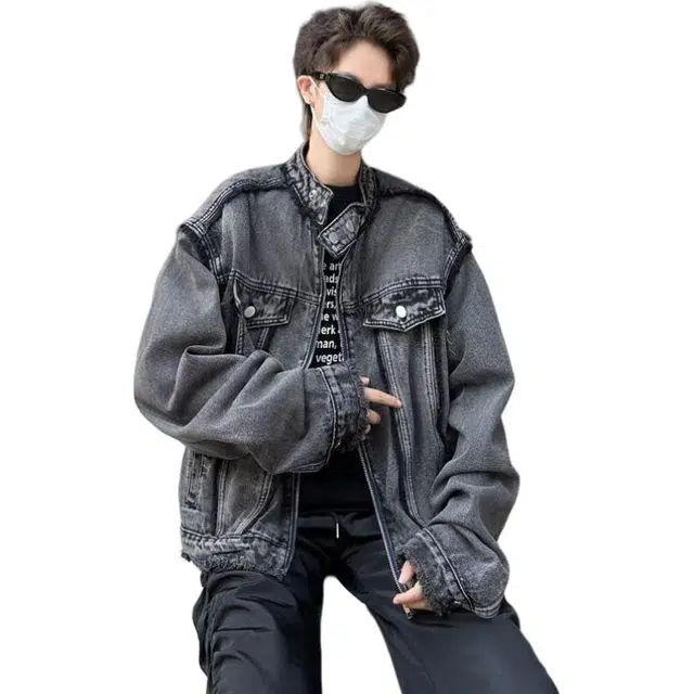 袋鼠 美式复古设计款通勤基础款牛仔外套潮牌水洗做旧宽松垫肩夹克 男女同款