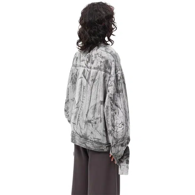 极限涡轮 美式复古街头潮流手绘涂鸦设计做旧破洞流苏立领短阔重工夹克 男女同款