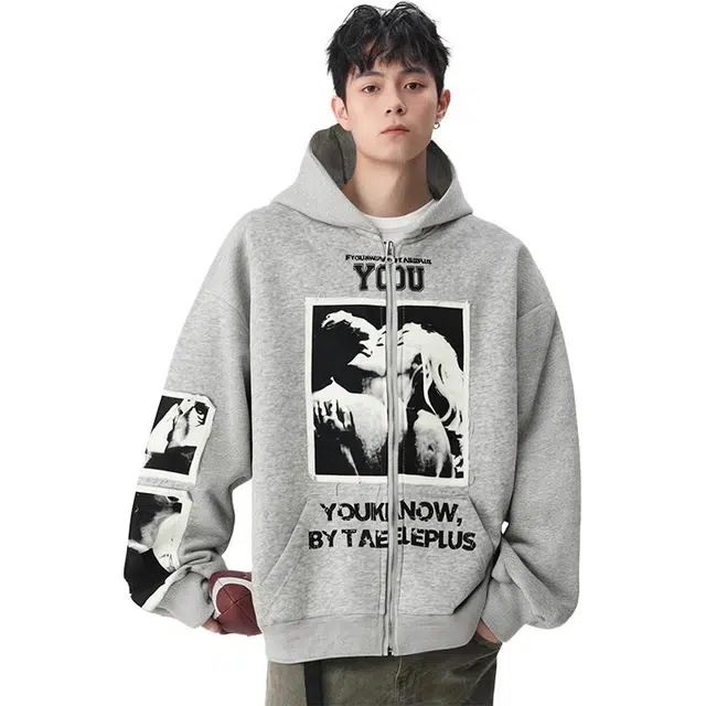 永言 美式复古人像印花贴布连帽宽松休闲流行百搭青少年外套长袖卫衣 男女同款