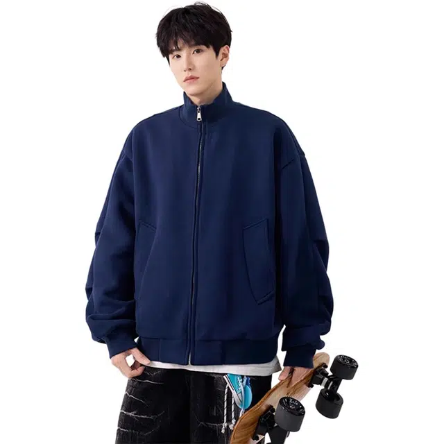 欧路得  美式高街立领男潮牌重磅纯色休闲外套秋季宽松运动上衣卫衣 男款