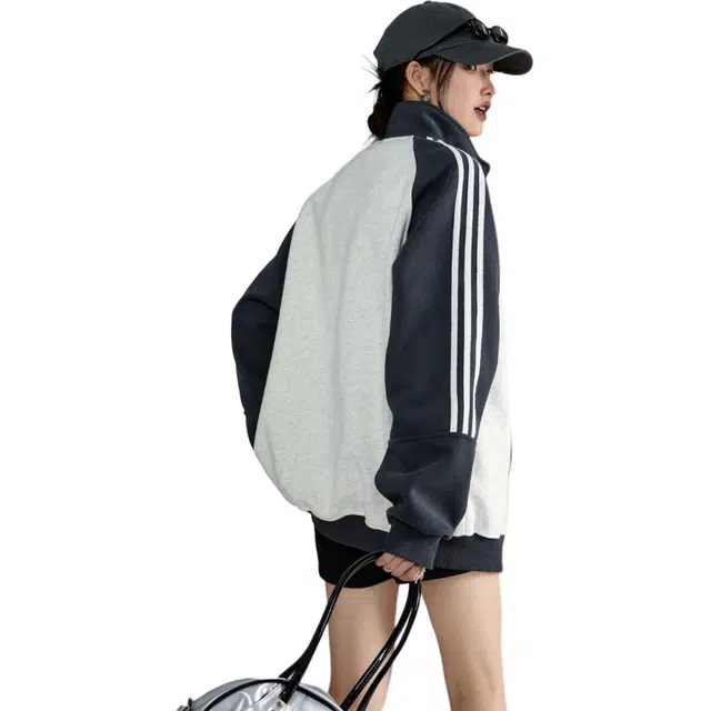 沐诚阳译 国潮条纹宽松美式复古学院卫衣开衫刺绣运动休闲秋季外套夹克 男女同款