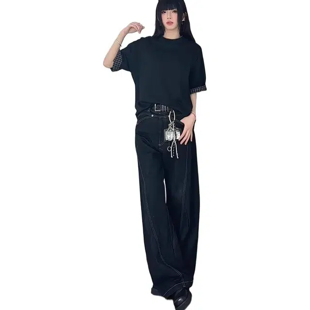 一碗士多 美式复古设计感百搭明线高街宽松舒适个性垂感拖地通勤户外日常痞帅阔腿直筒弯刀牛仔裤 男女同款