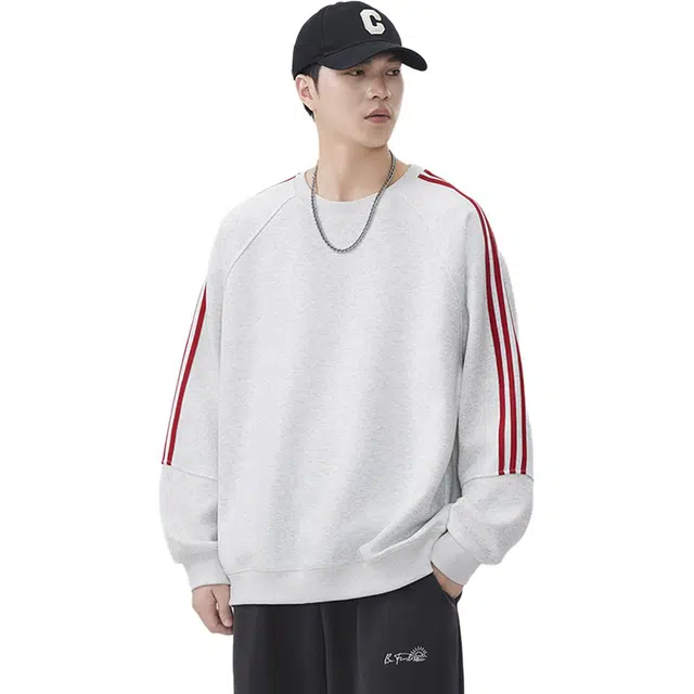 杜克恩 美式重磅撞色条纹三条杠圆领长袖外套春秋季中性潮牌休闲宽松廓形套头卫衣 男女同款