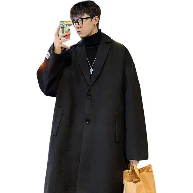 零氏 韩版简约纯色长款单排扣休闲宽松翻领后开叉双面呢风衣 男女同款