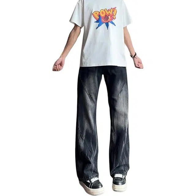 单爵 水洗扎染微喇裤男秋季美式高街提裆弯刀裤子牛仔裤 男女同款