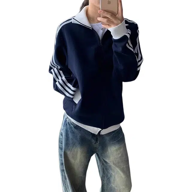 单爵 韩系三条杠短款外套男秋季立领条纹开衫美式休闲卫衣 男女同款