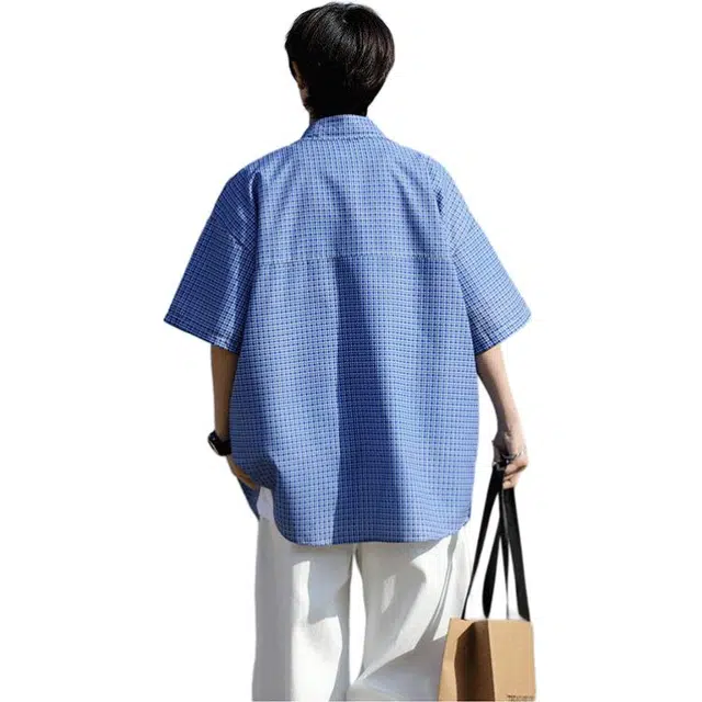 加荣 日系复古蓝格子男夏季百搭宽松短袖衬衫 男女同款