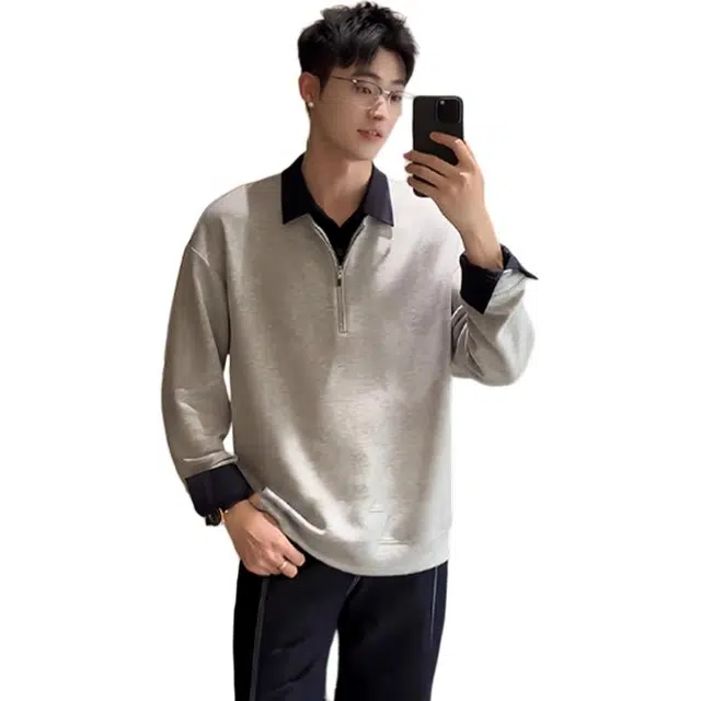 单爵 假两件衬衫领上衣男秋季美式复古翻领长袖卫衣 男女同款