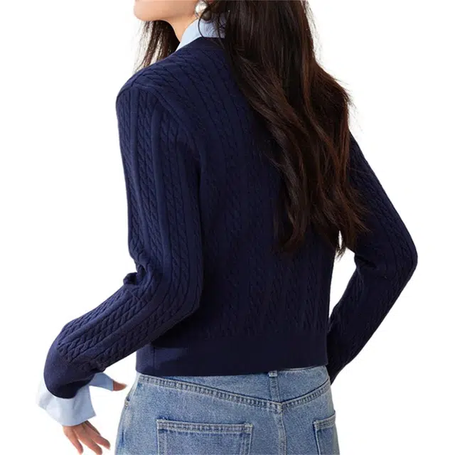 莫代尔 复古学院风绞花衬衫领针织衫 女款 藏青色
