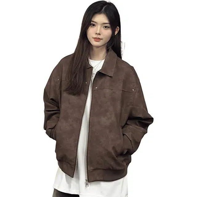 单爵 美式复古翻领铆钉皮衣男春秋美拉德潮牌宽松夹克 男女同款