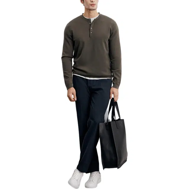 丹宁哲学 轻量保暖亨利领纯色常规长袖宽松型套头针织衫 男款