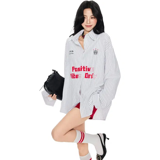 玫丝朵 美式高街条纹字母印花长袖衬衫 女款 白色