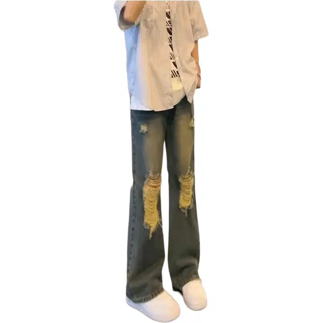 棉基因 美式高街水洗做旧柳叶弯刀复古做旧宽松中腰微喇破洞百搭基础款透气弹力牛仔裤 男女同款