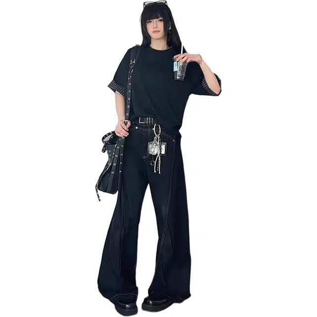 一碗士多 美式复古设计感百搭明线高街宽松舒适个性垂感拖地通勤户外日常痞帅阔腿直筒弯刀牛仔裤 男女同款